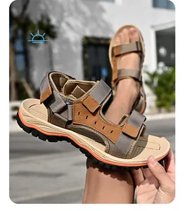 Detailed view of men's leather outdoor sandals with non-slip sole and velcro straps