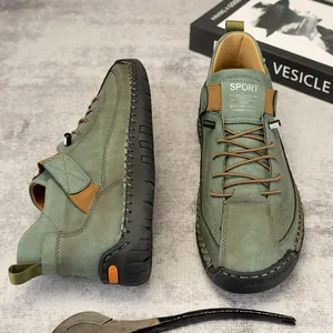 Heren high-top outdoor werkschoenen in groen zacht leer met gestikte zolen