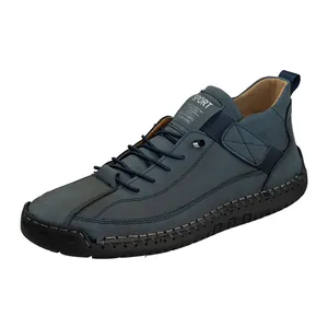 Blauwe herenlederen hoge schoenen met duurzame handgestikte zachte zolen