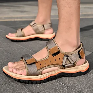 Men's Cowhide Leather Outdoor Sandals Casual Non-slip Soft Sole Beach Shoes Adjustable Hook and Loop Summer Hiking Sandals