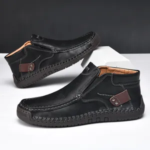 Men's Outdoor Casual High-top Martin Boots Slip-on Hand-stitched Microfiber Leather Shoes Wear-resistant British Style For Men