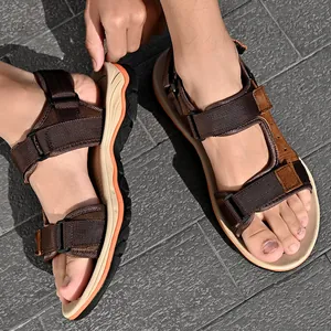 Men's brown leather outdoor sandals with adjustable velcro straps and anti-slip sole