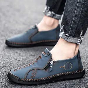 Mocassins en cuir bleu pour hommes avec fermeture éclair latérale et surpiqûres décoratives