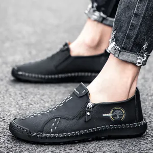 Mocassins décontractés en cuir noir pour hommes avec fermeture éclair et coutures main