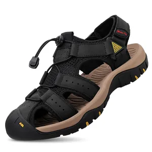 Men's casual leather closed-toe beach sandals with breathable mesh and adjustable strap