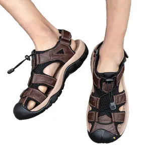 Men's genuine leather closed-toe sandals with breathable mesh and drawstring