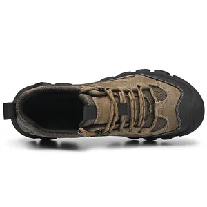 Top view of durable brown men's outdoor hiking shoes with rugged mesh and laces.