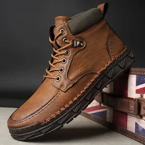 Bottes Martin Rétro pour Hommes Hiver Chaud Doublé de Polaire Bottines Hautes Décontractées en Cuir Microfibre Semelle en Caoutchouc Antidérapante Chaussures Style Britannique