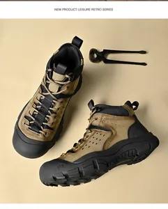 Overhead view of durable khaki men's outdoor hiking boots with rugged anti-slip soles