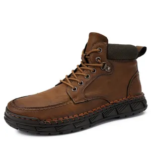 Bottines Martin vintage en cuir marron pour hommes avec semelle en caoutchouc durable