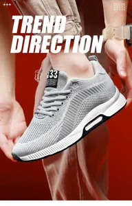 Close-up of grey breathable knit men's elevator sports shoes with 6cm hidden heel.