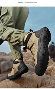 Macro view of durable non-slip rubber sole on men's outdoor hiking shoes in rocky terrain