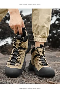 Men's retro outdoor hiking shoes with thick non-slip soles shown in a rocky terrain