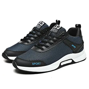 Men's blue mesh breathable sports sneakers with 6cm height increase and lace-up design