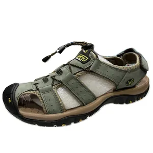 Rugged men's leather outdoor beach sandals with closed-toe design and drawstring closure