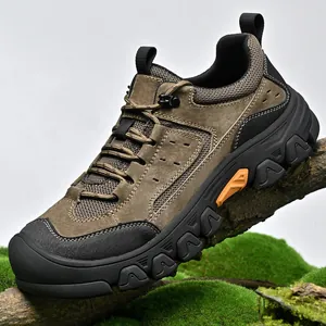 Men Outdoor Hiking Shoes Pigskin Faux Leather Textile Low Top Lace Up Casual Work Sneakers Non Slip Walking Shoes