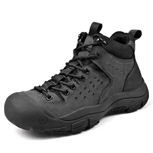 Mens grey winter outdoor hiking boots with thick non-slip sole and toe protection