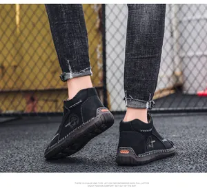 Stivali alti in pelle nera da uomo, stile casual outdoor con cuciture spesse e resistenti