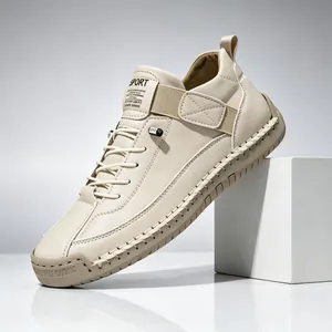 Cream hand-stitched casual women's shoe with Velcro strap detail