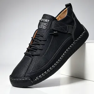 Hand-stitched black leather casual shoes with durable rubber sole and sport logo