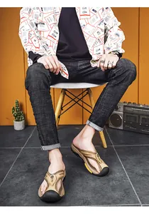 Infradito estive da uomo casual in vera pelle di vacchetta marrone con suola spessa