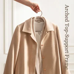 Beige non-slip plastic hanger with a wide arched shoulder design to prevent clothing creases.