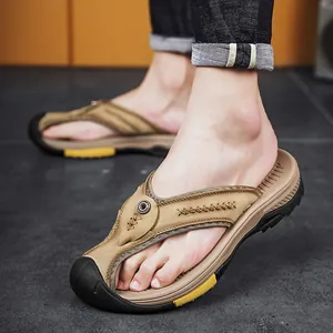 Tongs en cuir de vachette kaki faites à la main pour hommes, style décontracté été