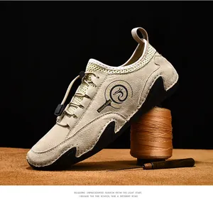 Detailed view of beige breathable casual loafer with mesh and suede texture