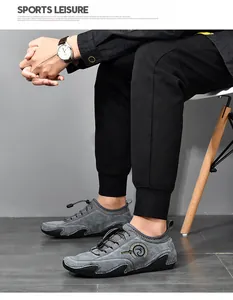 Detailed view of grey breathable men's casual loafers with octopus sole on model