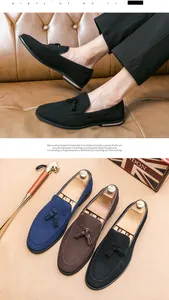 Detail view of men's tassel loafers in black, brown, and blue with on-foot display