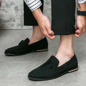 Classic black suede loafers with tassels for men, stylish formal casual footwear