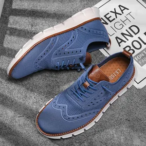 Men Breathable Mesh Casual Sneakers Lightweight Flyknit Brogue Carved Sports Shoes Large Size Fashion Skate Shoes Soft Sole