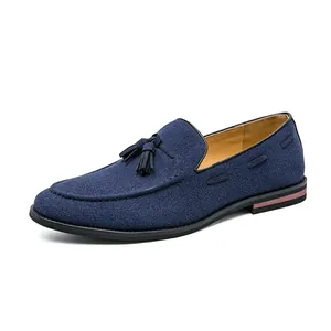 Men's navy blue suede tassel loafers in vintage style, elegant casual slip-on shoes