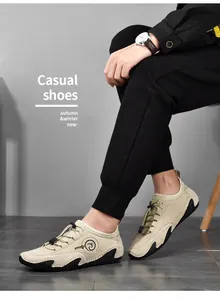 Close-up detail of men's beige breathable suede octopus loafers with non-slip rubber sole