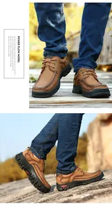 Detailed side and front views of men's brown genuine leather outdoor shoes on stone