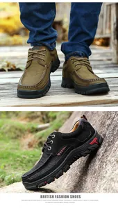 Fashionable men's genuine leather outdoor walking shoes shown in a rugged natural setting
