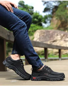 Men's outdoor genuine leather casual shoes in black with durable non-slip soles