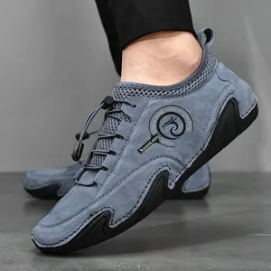 Men's breathable grey suede casual loafers with octopus rubber sole and elastic laces