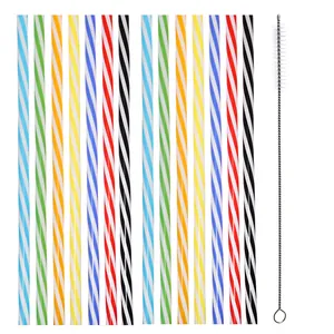 Detailed view of colorful striped reusable plastic straws and cleaning brush set, straight design.
