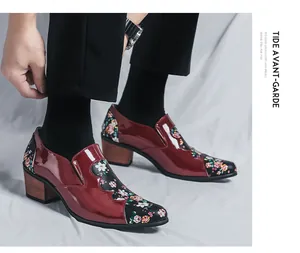 Detailed shot of men's floral patchwork patent leather shoes with wood grain high heels