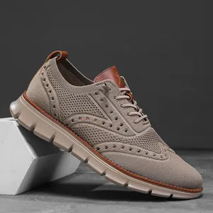 Detail view of brown fly-knit casual shoes with soft sole and lightweight design
