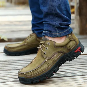 Men's genuine leather outdoor leisure shoes featuring breathable perforations and rugged sole