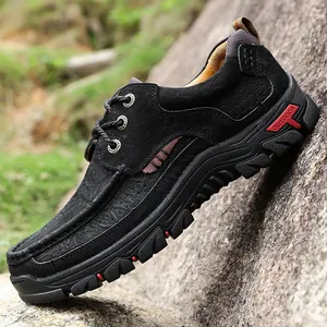 Premium men's black genuine leather outdoor casual shoes with rugged anti-slip rubber sole