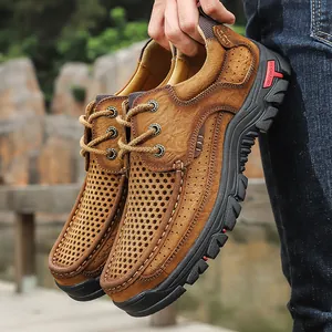 Premium men's breathable genuine leather outdoor casual shoes with perforated mesh design