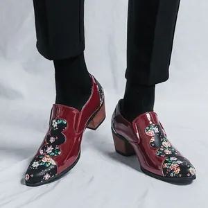 Men's Patent Leather Dress Shoes British Wood Grain High Heel Floral Patchwork Loafers Slip-on Office Party Shoes