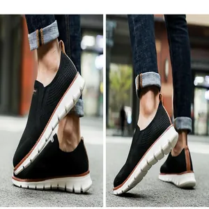 Atmungsaktive schwarze Flyknit-Mesh-Herren-Sneaker zum Schlüpfen für Outdoor und Freizeit