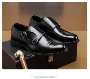 Elegant black men's double monk strap shoes featuring brogue details and lightweight EVA sole