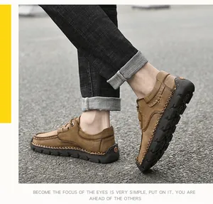 Close-up of men's hand-stitched microfiber casual shoes shown on a pavement background