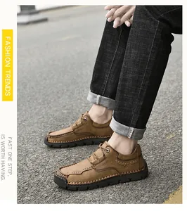 Detailed view of brown men's microfiber casual shoes with hand-stitched seams and laces.