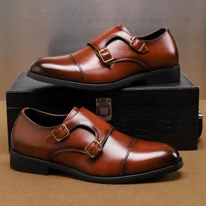 Men's Double Monk Strap Pointed Toe Leather Shoes British Style Brogue Carving Business Casual Slip-on Loafers Dress Shoes